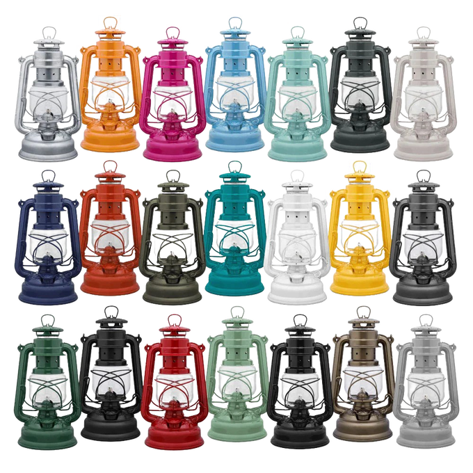 Collection of handcrafted Feuerhand Galvanized Oil Lanterns in various colors, featuring durable thermal heat-resistant SUPRAX globes, ideal for Camping, Lamps & Lighting, Emergency Supplies, and outdoor use.