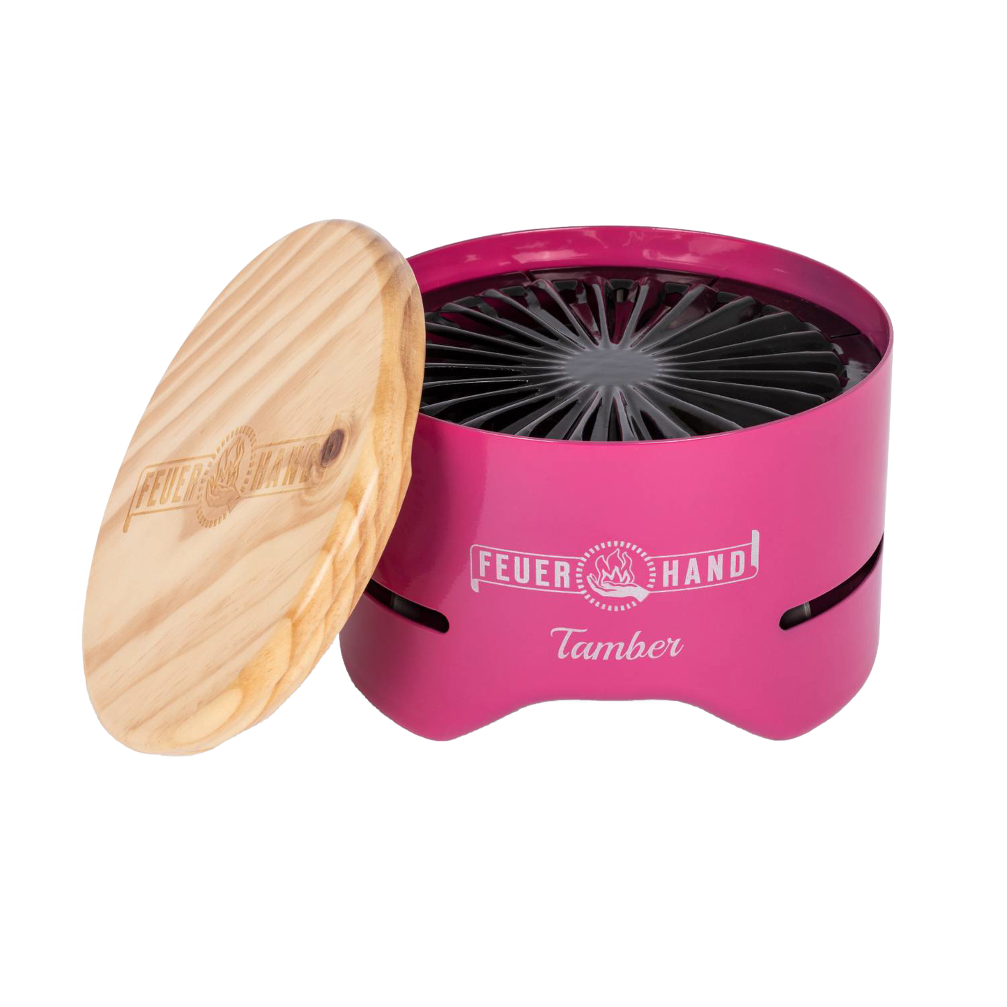 Compact bright pink tabletop charcoal grill with a removable wooden lid engraved with logo, featuring a radial grate design, perfect for small outdoor cooking in Farm, Garden & Tool and Grilling collections.