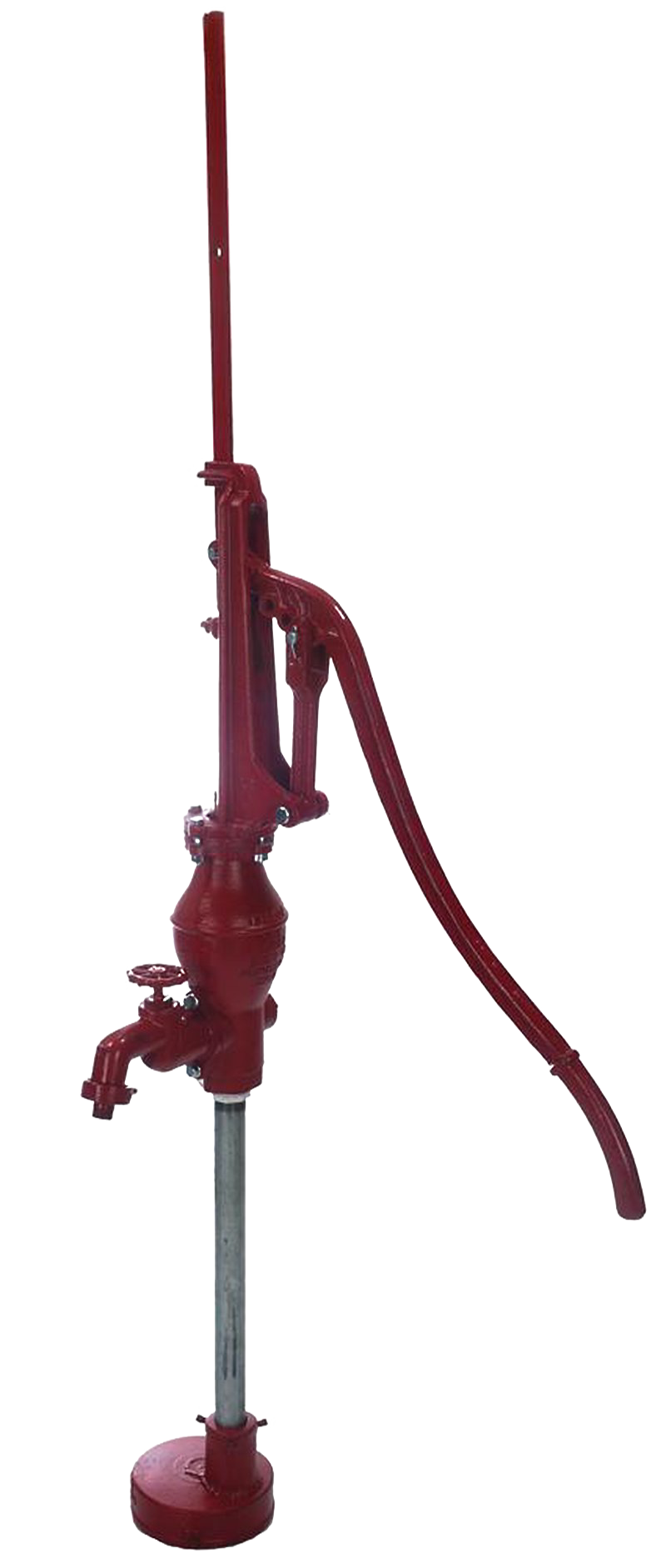 Handcrafted deep well force pump painted red with adjustable stroke handle and galvanized pipe, made in USA, featured in Appliances, Water Pumps, Deep Well Pumps, and USA Made collections.