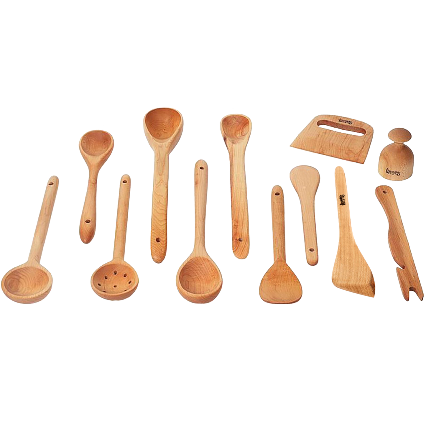 Handmade solid American Hard Maple wooden utensils including spoons, spatulas, dough cutter, and scraper, crafted for Kitchen & Food, Holiday Hosting, Storage and Serving, and USA Made collections.