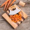 Crescent-shaped chopping knife resting on a handcrafted wooden bowl with sliced carrots, ideal for quick dicing in Kitchen & Food, Knives & Axes, and Food Prep collections.