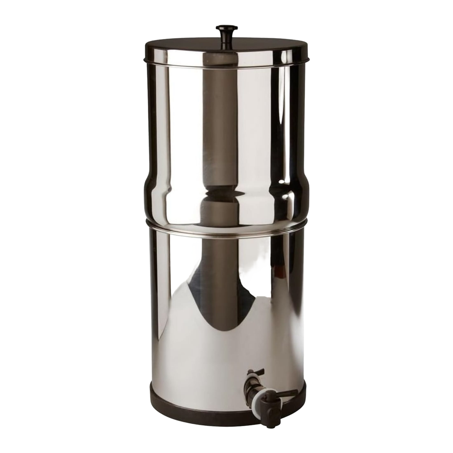 Mid-size stainless steel gravity water filter with spigot, designed for clean drinking water without plumbing or electricity, ideal for camping, emergency supplies, and farm use.