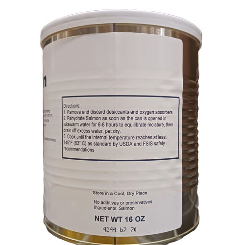 Metal can of freeze-dried salmon fillets with preparation instructions on a white label, suitable for Kitchen & Food, Emergency Supplies, Freeze Dried, and USA Made collections.