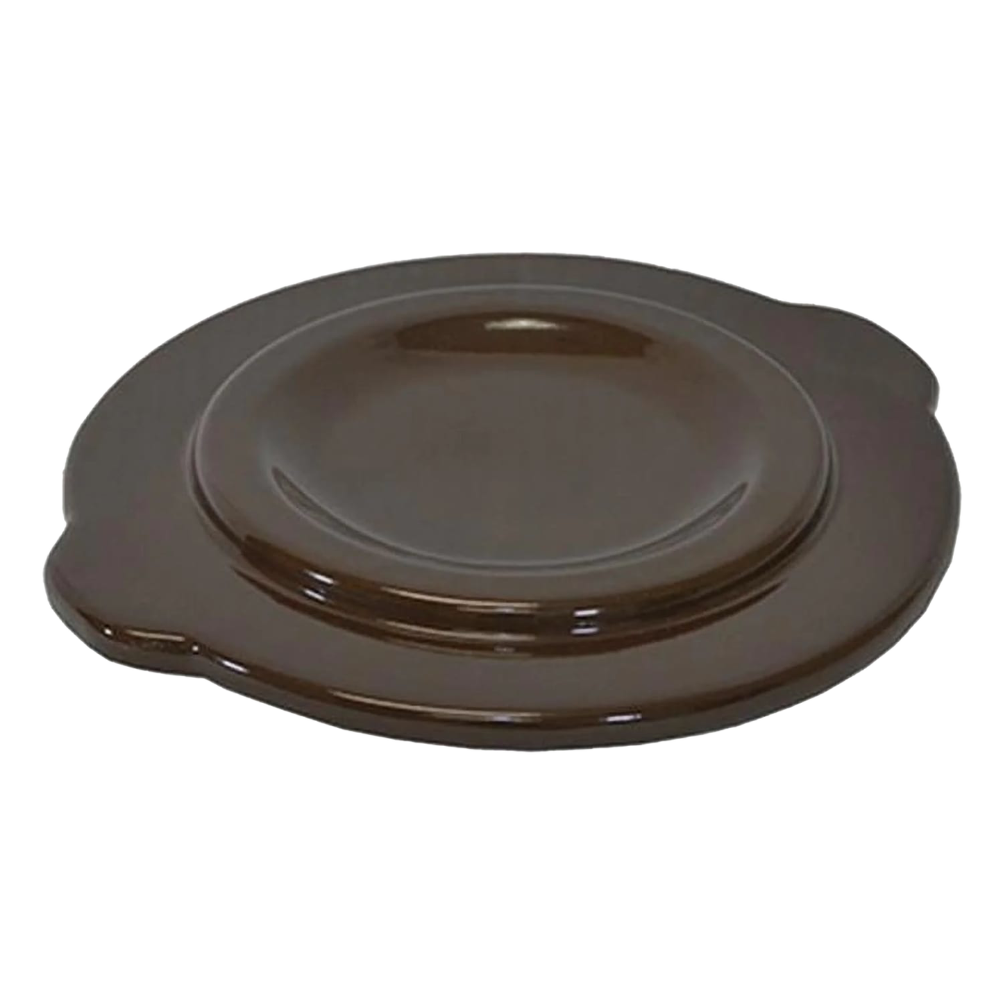 Handcrafted dark brown stoneware crock cover with side handles, made in USA, designed for kitchen food preservation, fermenting, and pickling collections.