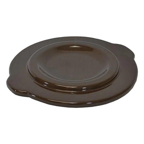 Handcrafted dark brown stoneware crock cover with side handles, made in USA, designed for kitchen food preservation, fermenting, and pickling collections.