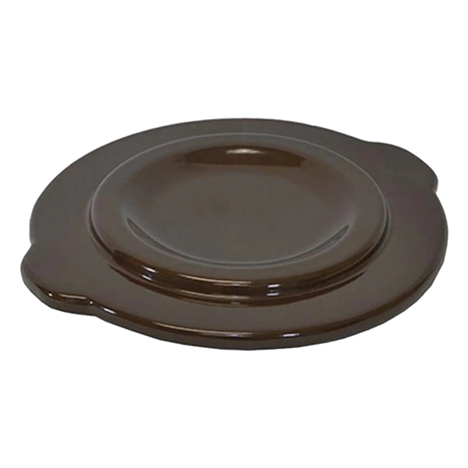 Handcrafted dark brown stoneware crock cover with side handles, made in USA, designed for kitchen food preservation, fermenting, and pickling collections.