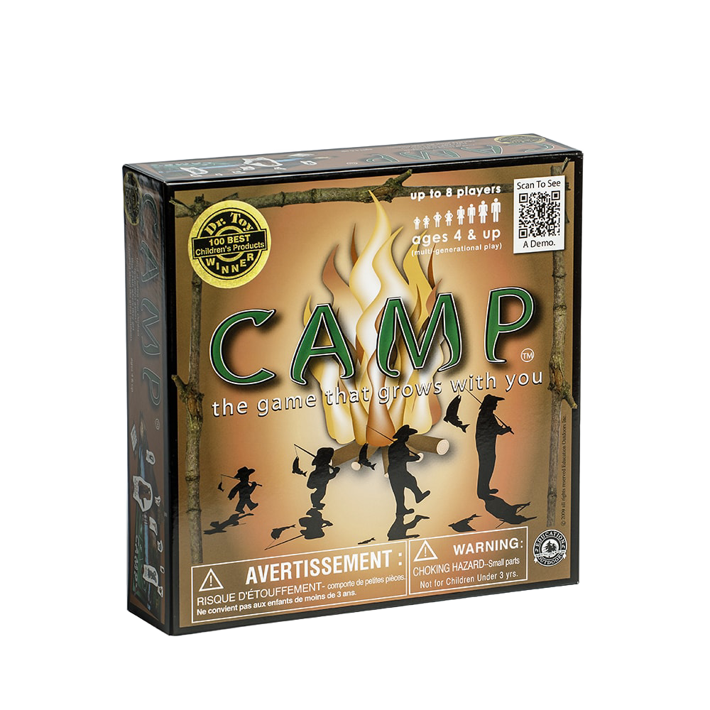 Square box of a nature-themed family board game with illustrations of children and a campfire, suitable for ages 4 and up and featured in toys and games collections.