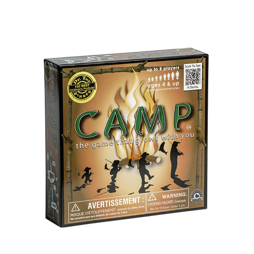 Square box of a nature-themed family board game with illustrations of children and a campfire, suitable for ages 4 and up and featured in toys and games collections.