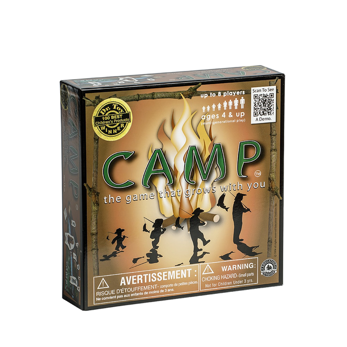 Square box of a nature-themed family board game with illustrations of children and a campfire, suitable for ages 4 and up and featured in toys and games collections.