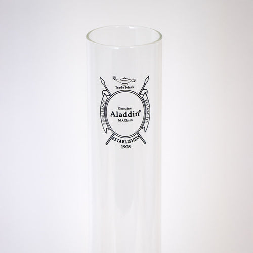 Clear borosilicate glass chimney with black printed logo, designed for enhanced light output in lamps, featured in Lamps & Lighting and Chimneys and Globes collections.