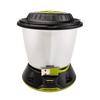 Rechargeable portable lantern with white translucent body, black top and base with green accents, featuring USB output for phone charging, suited for emergency and outdoor use.