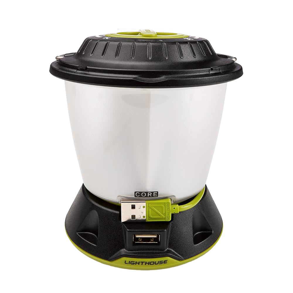 Rechargeable portable lantern with white translucent body, black top and base with green accents, featuring USB output for phone charging, suited for emergency and outdoor use.