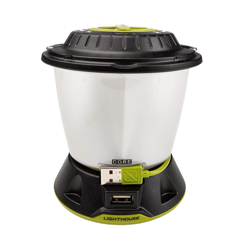 Rechargeable portable lantern with white translucent body, black top and base with green accents, featuring USB output for phone charging, suited for emergency and outdoor use.