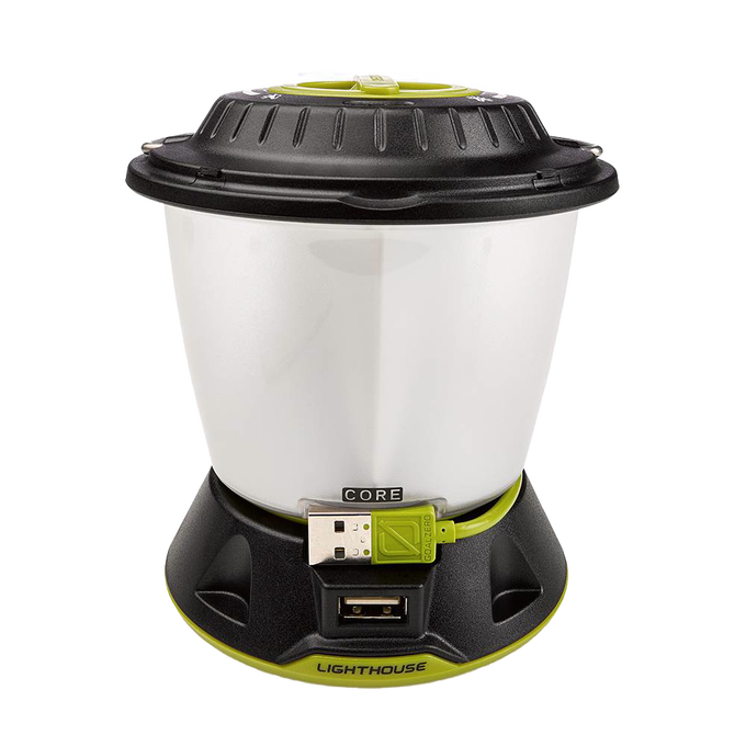 Rechargeable portable lantern with white translucent body, black top and base with green accents, featuring USB output for phone charging, suited for emergency and outdoor use.
