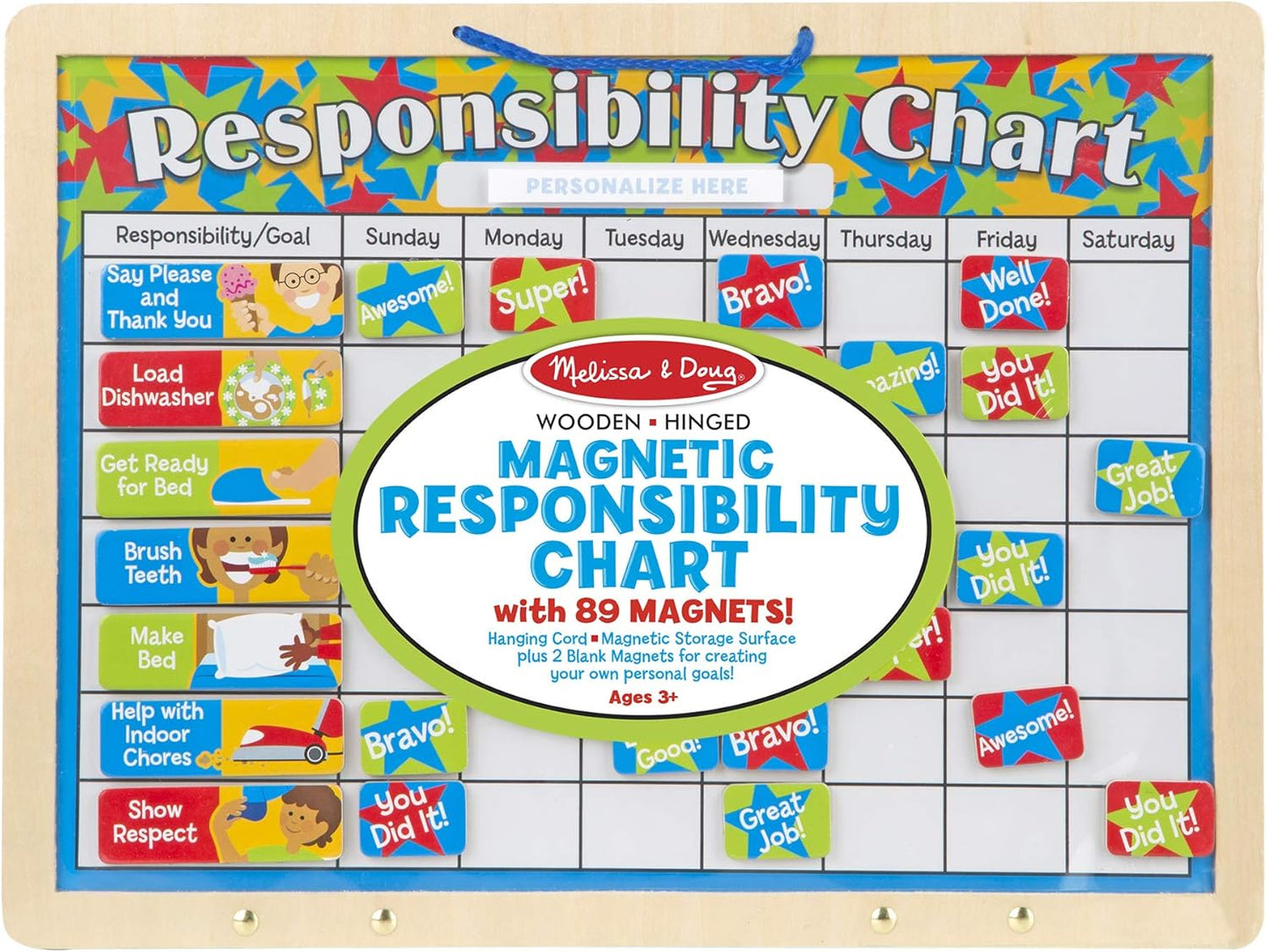 Wooden hinged magnetic responsibility chart featuring colorful behavior magnets and daily task columns, designed to encourage positive habits in indoor play for children.