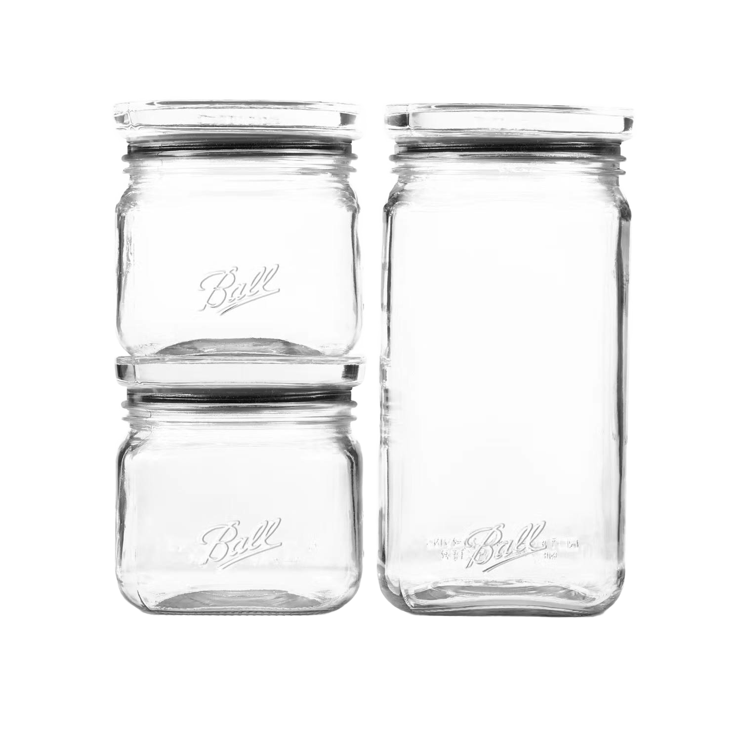 Set of clear stackable glass storage jars with airtight lids and wide openings, designed for organizing kitchens and pantries, ideal for Home & Decor, Kitchen & Food, and Storage collections.