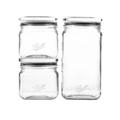 Set of clear stackable glass storage jars with airtight lids and wide openings, designed for organizing kitchens and pantries, ideal for Home & Decor, Kitchen & Food, and Storage collections.
