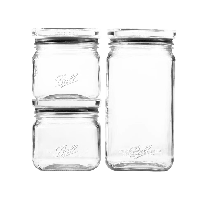 Set of clear stackable glass storage jars with airtight lids and wide openings, designed for organizing kitchens and pantries, ideal for Home & Decor, Kitchen & Food, and Storage collections.