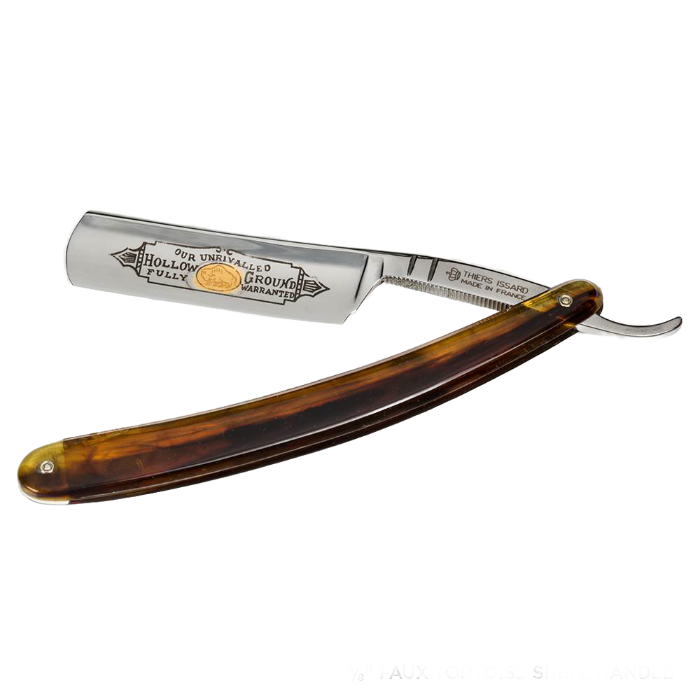 Handcrafted straight razor with a hollow ground steel blade featuring detailed engraving and a tortoiseshell-patterned handle, ideal for Grooming and Personal Hygiene, Health & Wellness, Best Sellers, and Promo Eligible collections.