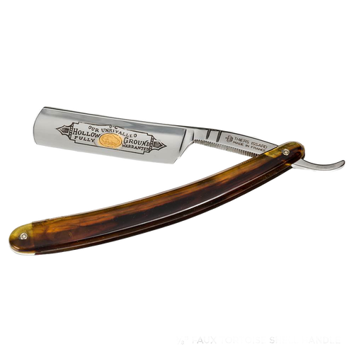 Handcrafted straight razor with a hollow ground steel blade featuring detailed engraving and a tortoiseshell-patterned handle, ideal for Grooming and Personal Hygiene, Health & Wellness, Best Sellers, and Promo Eligible collections.