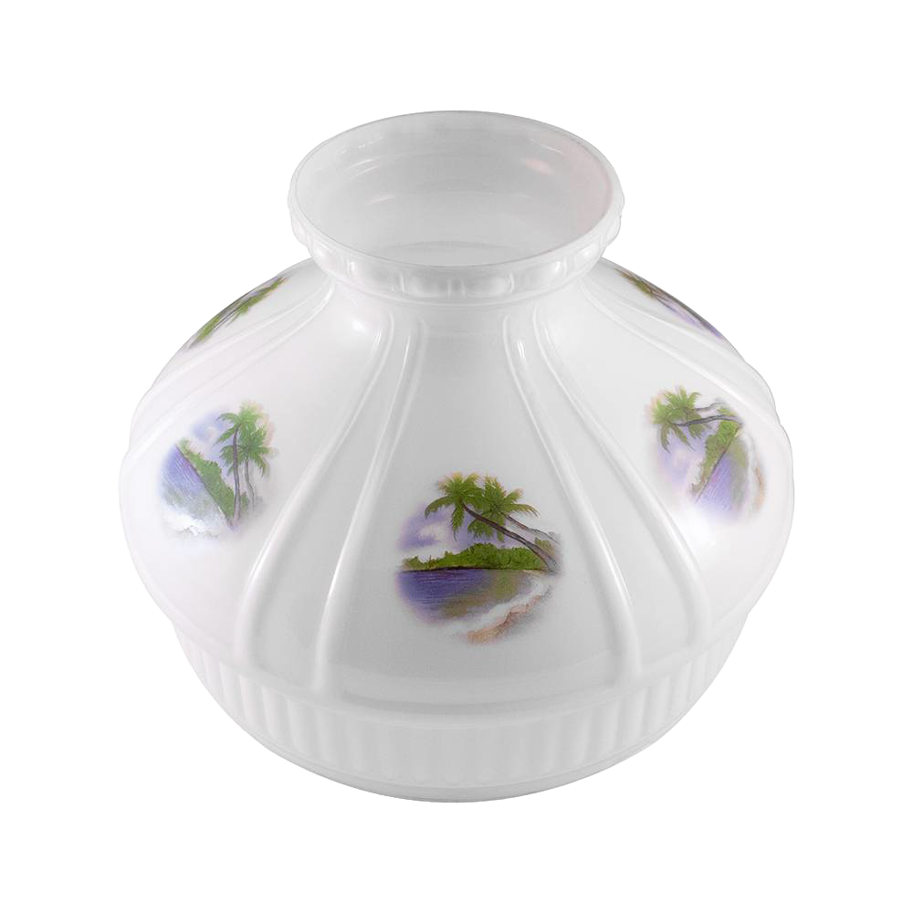 White glass oil lamp shade featuring hand-painted tropical island scenes with palm trees and ocean waves, designed for Aladdin lamps, ideal for lamps and lighting accessories.