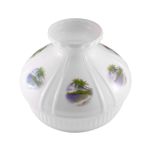 White glass oil lamp shade featuring hand-painted tropical island scenes with palm trees and ocean waves, designed for Aladdin lamps, ideal for lamps and lighting accessories.
