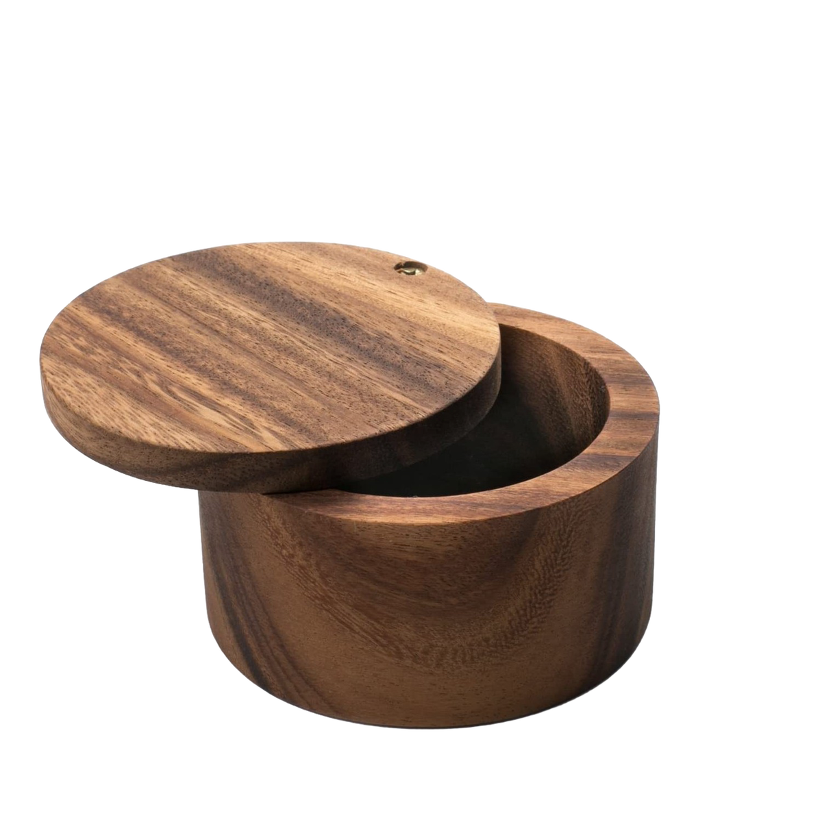 Handcrafted acacia wood salt cellar with a smooth swivel lid, designed to keep salt dry and accessible, perfect for Kitchen & Food, Storage and Serving, and Best Sellers collections.