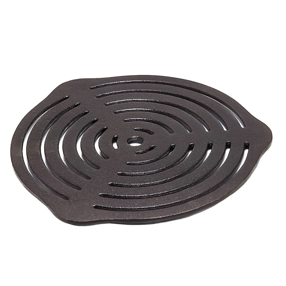Round cast iron trivet with concentric cutouts and dual side handles, ideal for even heat distribution in Dutch oven cooking, suitable for Farm, Garden & Tool, Kitchen, Camping, and Cookware collections.
