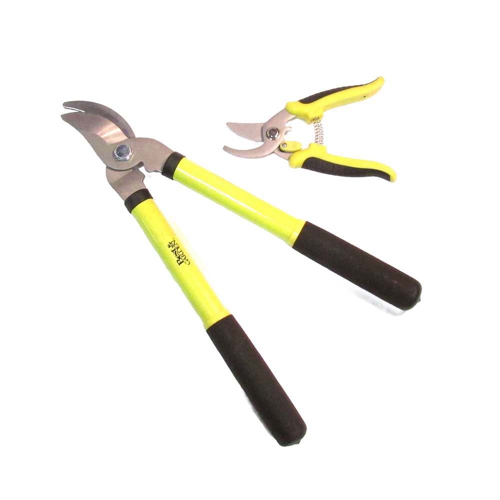 Bypass lopper and pruner set with yellow handles and black rubber grips, featuring carbon steel cutting blades, ideal for Farm, Garden & Tool, Hand Tools and Hardware, Best Sellers, and Promo Eligible collections.