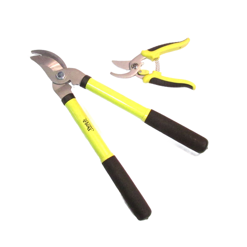 Bypass lopper and pruner set with yellow handles and black rubber grips, featuring carbon steel cutting blades, ideal for Farm, Garden & Tool, Hand Tools and Hardware, Best Sellers, and Promo Eligible collections.