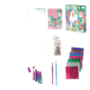 Craft kit featuring colorful glitter tubes, foil sheets, a plastic brush, craft stick, and decorative gems with unicorn-themed packaging, ideal for children's arts and crafts collections.