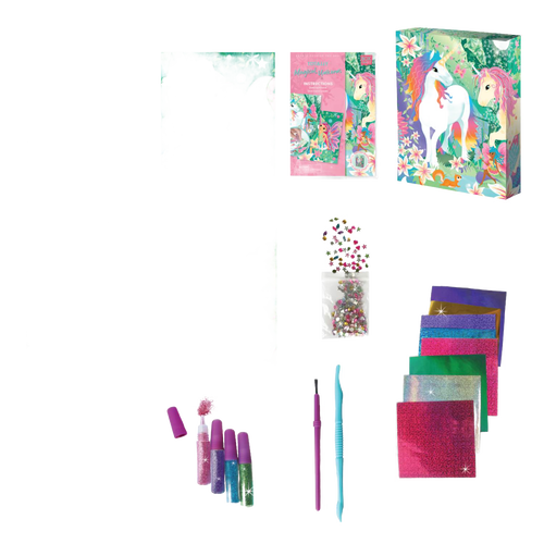 Craft kit featuring colorful glitter tubes, foil sheets, a plastic brush, craft stick, and decorative gems with unicorn-themed packaging, ideal for children's arts and crafts collections.