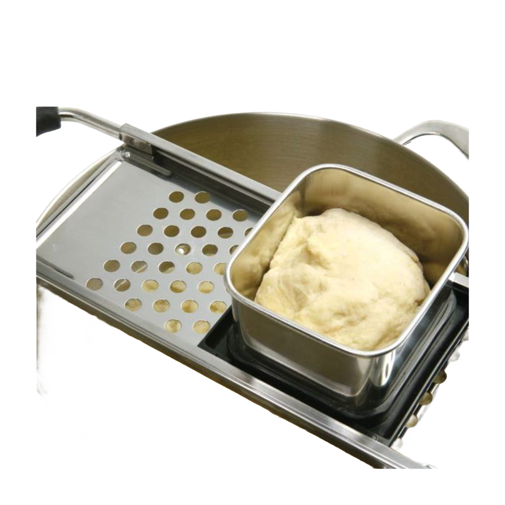 Handcrafted spaetzle maker with stainless steel grater and square hopper holding dough, designed for easy noodle preparation, ideal for Kitchen & Food, Cookware, Baking Supplies, and Best Sellers collections.