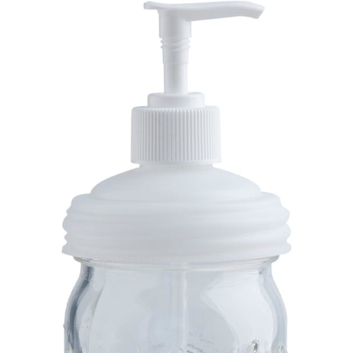 White soap pump lid designed to fit standard regular-mouth mason jars, crafted in USA for reusable, eco-friendly dispensing in Health & Wellness and Home & Decor collections.