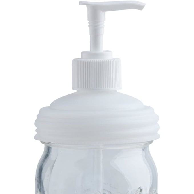 White soap pump lid designed to fit standard regular-mouth mason jars, crafted in USA for reusable, eco-friendly dispensing in Health & Wellness and Home & Decor collections.