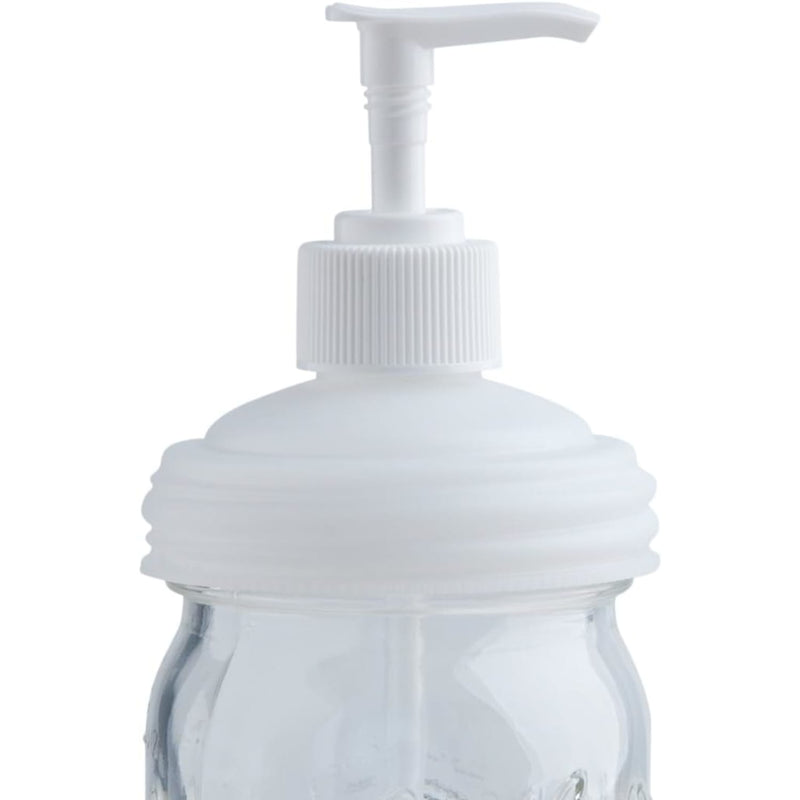 White soap pump lid designed to fit standard regular-mouth mason jars, crafted in USA for reusable, eco-friendly dispensing in Health & Wellness and Home & Decor collections.