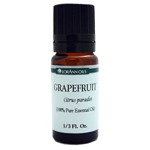 Amber glass bottle with black cap containing handcrafted grapefruit essential oil, 100% pure and quality tested for use in Health & Wellness, soapmaking, and candlemaking supplies.