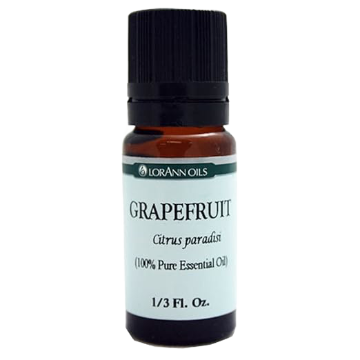 Amber glass bottle with black cap containing handcrafted grapefruit essential oil, 100% pure and quality tested for use in Health & Wellness, soapmaking, and candlemaking supplies.