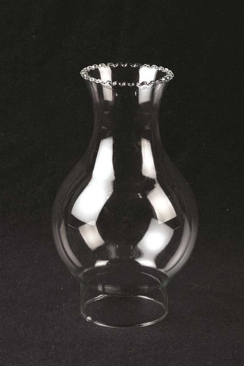 Clear glass oil lamp chimney with a decorative crimped top and 3-inch base, designed as a durable replacement part for Lamps & Lighting, Chimneys and Globes, Parts and Accessories, and Best Sellers collections.