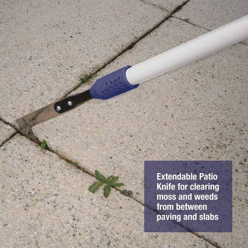 Extendable garden patio knife with a blue grip removing weeds and moss from between concrete pavers, ideal for Farm, Garden & Tool, Garden Accessories, Lawncare, and Best Sellers collections.