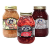 Three jars of handcrafted Amish-made pie fillings in apple, cherry, and blackberry flavors, naturally prepared without corn syrup or artificial coloring, part of pantry and USA-made food collections.