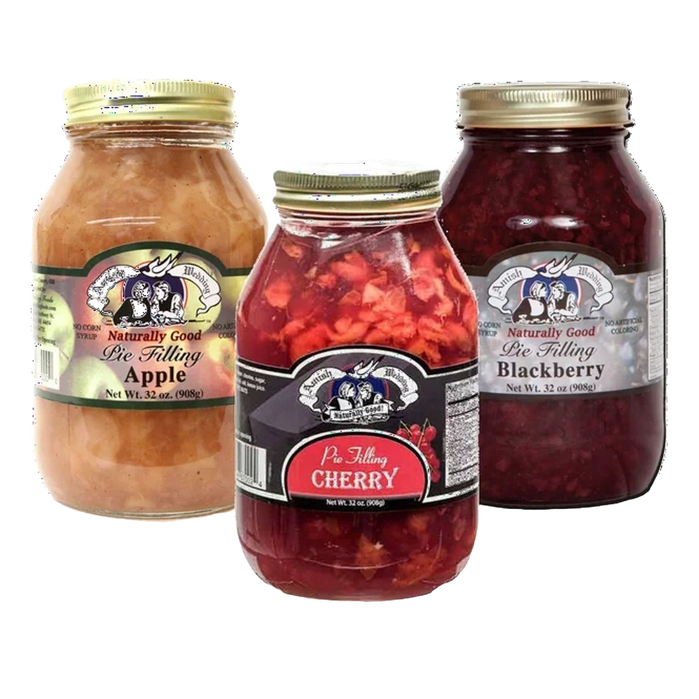 Three jars of handcrafted Amish-made pie fillings in apple, cherry, and blackberry flavors, naturally prepared without corn syrup or artificial coloring, part of pantry and USA-made food collections.
