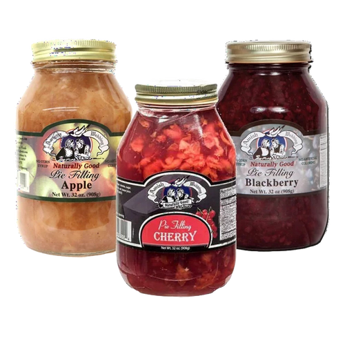 Three jars of handcrafted Amish-made pie fillings in apple, cherry, and blackberry flavors, naturally prepared without corn syrup or artificial coloring, part of pantry and USA-made food collections.