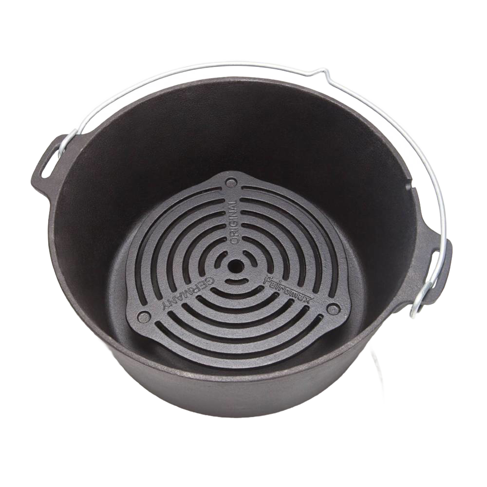 Cast iron stack grate inside a Dutch oven with sturdy metal handle, designed for even heat distribution, suitable for Farm, Garden & Tool, Camping, Kitchen & Food, and Cookware collections.