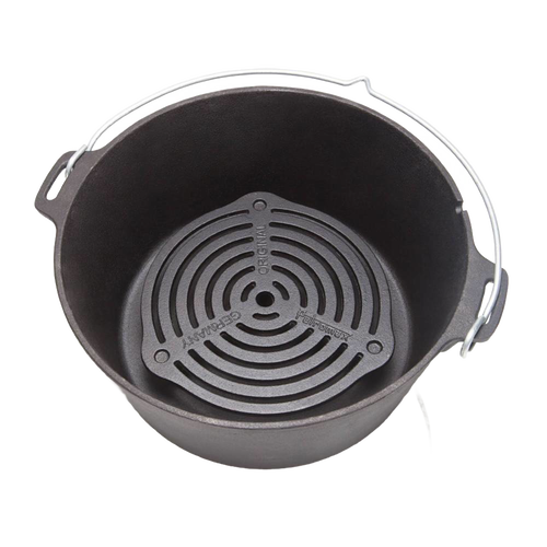 Cast iron stack grate inside a Dutch oven with sturdy metal handle, designed for even heat distribution, suitable for Farm, Garden & Tool, Camping, Kitchen & Food, and Cookware collections.