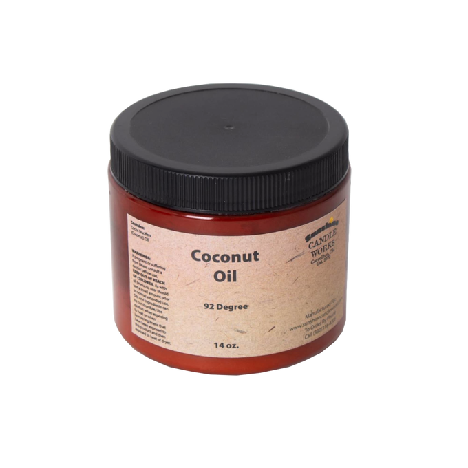 Amber jar of pure coconut oil with black screw lid, labeled for soapmaking at 92 degrees and 14 oz, featured in Health & Wellness, Soapmaking Supplies, and USA Made collections.