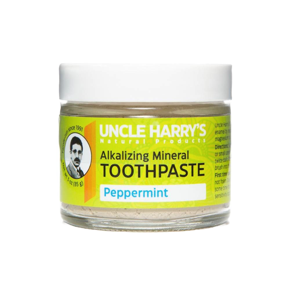 Small glass jar of handcrafted all-natural alkalizing mineral peppermint toothpaste with a white lid, featured in Health & Wellness, Grooming and Personal Hygiene, USA Made, and Best Sellers collections.