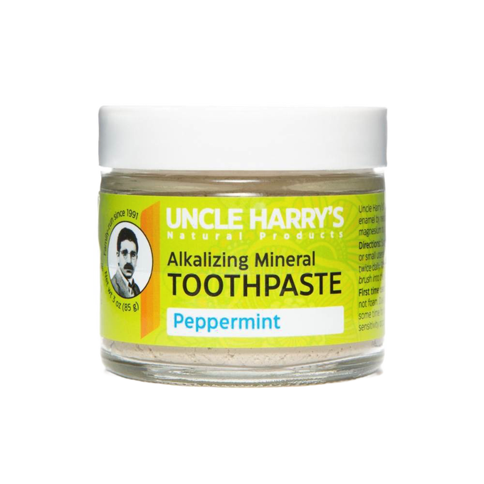 Small glass jar of handcrafted all-natural alkalizing mineral peppermint toothpaste with a white lid, featured in Health & Wellness, Grooming and Personal Hygiene, USA Made, and Best Sellers collections.