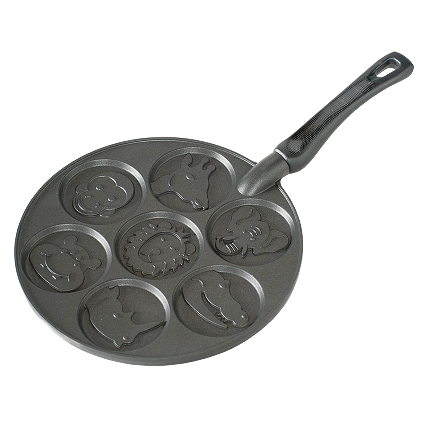 Cast aluminum pancake pan featuring seven animal-shaped molds including monkey, giraffe, lion, elephant, rhinoceros, hippo, and alligator, handcrafted in USA, ideal for Kitchen & Food and Cookware collections.