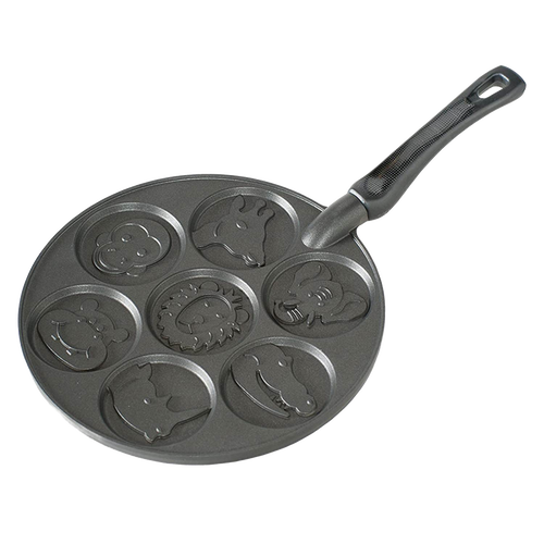 Cast aluminum pancake pan featuring seven animal-shaped molds including monkey, giraffe, lion, elephant, rhinoceros, hippo, and alligator, handcrafted in USA, ideal for Kitchen & Food and Cookware collections.